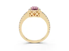 Fancy Pink Radiant Cut Diamond Halo Ring Set in Yellow gold with Pavé Shoulders and Halo-Framed Center