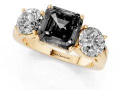 Fancy Black Asscher Cut Diamond Three-Stone Ring Set in Yellow gold with Round Side Stones and Classic Band