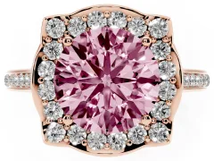 Fancy Pink Round Cut Diamond Halo Ring Set in Rose gold with Pavé-Lined Shoulders and Prong Setting