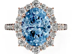 Fancy Blue Oval Cut Diamond Halo Ring Set in Rose gold with Pavé Band and Prong Setting