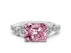 Fancy Pink Radiant Cut Diamond Ring Set in Platinum with Scattered Round Accents
