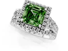 Fancy Green Asscher Cut Diamond Halo Split Shank Ring Set in Silver with Round Accent Stones and Prong Setting