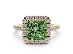 Fancy Green Princess Cut Diamond Halo Pavé Engagement Ring Set in Yellow gold with Prong Setting