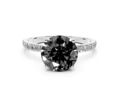 Fancy Black Round Cut Diamond Solitaire Engagement Ring Set in White gold with Round Pavé Band and Prong Setting