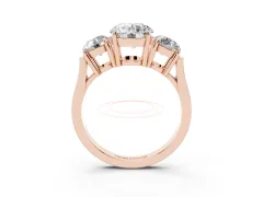 Round Cut Diamond Three-Stone Ring Set in Rose gold with Round Accent Stones and Plain Band