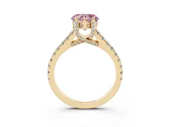 Fancy Pink Heart Cut Diamond Solitaire Ring Set in Yellow gold with Brilliant Pavé Band and Prong Setting