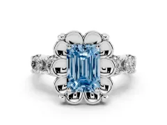 Fancy Blue Emerald Cut Diamond Floral Halo Ring Set in Silver with Shared Prong Band