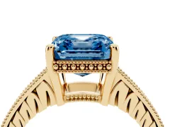 Fancy Blue Asscher Cut Diamond Solitaire Pavé Milgrain Engagement Ring Set in Yellow gold with Prong Setting
