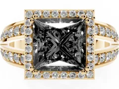 Fancy Black Princess Cut Diamond Halo Ring Set in Yellow gold with Double Pavé Split Shank
