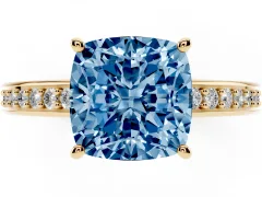 Fancy Blue Cushion Cut Diamond Pavé Band Prong Set Solitaire Ring Set in Yellow gold
