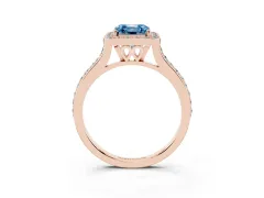 Fancy Blue Asscher Cut Diamond Halo Engagement Ring Set in Rose gold with Round Pavé Shoulders and Heart Gallery