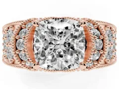 Cushion Cut Diamond Milgrain Halo Pavé Engagement Ring Set in Rose gold with Prong Setting
