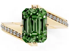 Fancy Green Emerald Cut Diamond Solitaire Ring Set in Yellow gold with Intertwined Pavé Twist Band