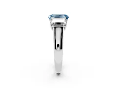 Fancy Blue Emerald Cut Diamond Three-Stone Ring Set in White gold with Plain Polished Band