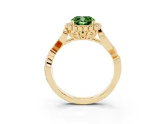 Fancy Green Cushion Cut Diamond Halo Ring Set in Yellow gold with Leaf Motif Split Shank and Prong Setting