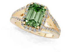 Fancy Green Emerald Cut Diamond Halo Split Shank Pavé Ring Set in Yellow gold with Prong Setting