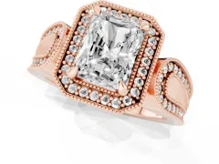 Radiant Cut Diamond Halo Ring Set in Rose gold with Milgrain Accent Split Shank