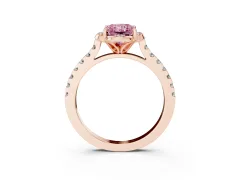Fancy Pink Radiant Cut Diamond Solitaire Ring Set in Rose gold with Pavé Band and Floral Prong Setting