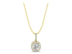 Cushion Diamond Halo Pendant Set in Yellow gold with Prong-Set Center