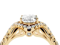 Oval Cut Diamond Solitaire Ring Set in Yellow gold with Hidden Halo and Pavé Band