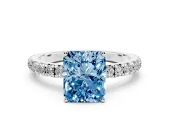 Fancy Blue Radiant Cut Diamond Pavé Solitaire Engagement Ring Set in Platinum with Prong Setting