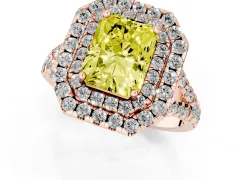 Fancy Yellow Radiant Cut Diamond Double Halo Ring Set in Rose gold with Pavé Split Shank and Prong Setting