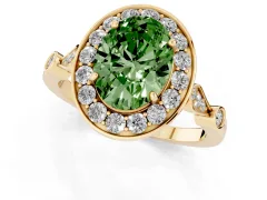 Fancy Green Oval Cut Diamond Halo Engagement Ring Set in Yellow gold with Twisted Band and Prong Setting