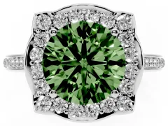 Fancy Green Round Cut Diamond Halo Ring Set in White gold with Pavé-Lined Shoulders and Prong Setting