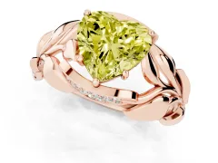 Fancy Yellow Heart Cut Diamond Leaf-Inspired Engagement Ring Set in Rose gold with Round Accents