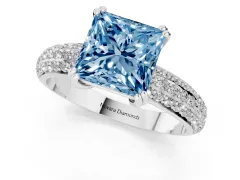 Fancy Blue Princess Cut Diamond Solitaire Ring Set in Platinum with Multi-Row Round Pavé Band and Prong Setting