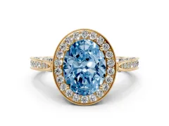 Fancy Blue Oval Cut Diamond Halo Engagement Ring Set in Yellow gold with Accent Split Shank Band