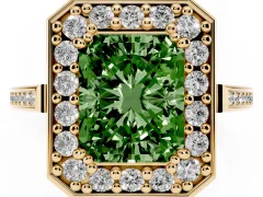 Fancy Green Radiant Cut Diamond Halo Ring Set in Yellow gold with Accent-Lined Split Shank and Prong Setting