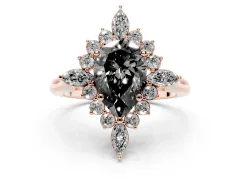 Fancy Black Pear Cut Diamond Cluster Halo Ring Set in Rose gold with Marquise and Round Accents