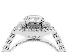 Emerald Cut Diamond Milgrain Halo Solitaire Ring Set in Platinum with Bezel Set Side Stones and Pavé Band