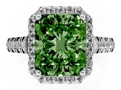 Fancy Green Radiant Cut Diamond Halo Engagement Ring Set in Silver with Pavé Band and Prong-Set Center