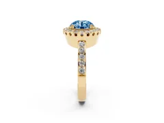 Fancy Blue Round Cut Diamond Halo Ring Set in Yellow gold with Pavé Shank and Prong Setting