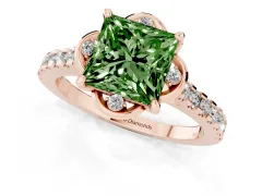 Fancy Green Princess Cut Diamond Solitaire Ring Set in Rose gold with Pavé Band and Floral Prong Setting