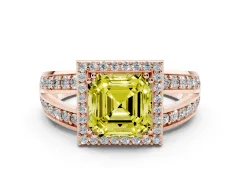 Fancy Yellow Asscher Cut Diamond Halo Ring Set in Rose gold with Double Pavé Split Shank