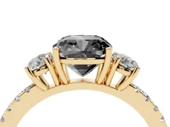 Fancy Black Cushion Cut Diamond Three-Stone Ring Set in Yellow gold with Pavé Band and Graduated Sides