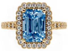 Fancy Blue Radiant Cut Diamond Halo Ring Set in Yellow gold with Pavé Milgrain Band