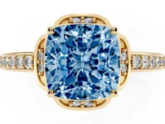 Fancy Blue Cushion Cut Diamond Halo Ring Set in Yellow gold with Channel Set Band and Prong Setting