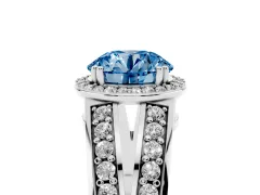 Fancy Blue Round Cut Diamond Halo Ring Set in White gold with Double Pavé Split Shank