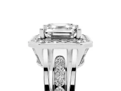 Asscher Cut Diamond Halo Ring Set in White gold with Pavé and Bezel Accent Split Shank