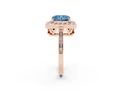 Fancy Blue Radiant Cut Diamond Halo Ring Set in Rose gold with Accent-Lined Split Shank and Prong Setting