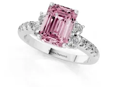 Fancy Pink Emerald Cut Diamond Three-Stone Pavé Ring Set in Platinum with Prong Setting