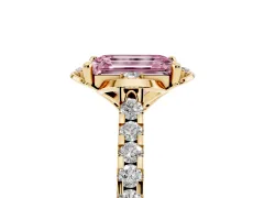 Fancy Pink Emerald Cut Diamond Solitaire Ring Set in Yellow gold with Pavé Band and Floral Prong Setting