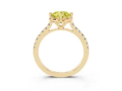 Fancy Yellow Round Cut Diamond Solitaire Ring Set in Yellow gold with Pavé Band and Floral Prong Setting
