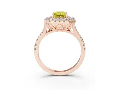 Fancy Yellow Radiant Cut Diamond Double Halo Ring Set in Rose gold with Pavé Split Shank and Prong Setting