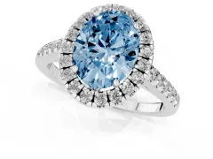 Fancy Blue Oval Cut Diamond Pavé Halo Engagement Ring Set in White gold with Pavé Band and Prong Setting