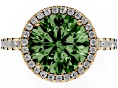 Fancy Green Round Cut Diamond Halo Ring Set in Yellow gold with Pavé Shoulders and Halo-Framed Center